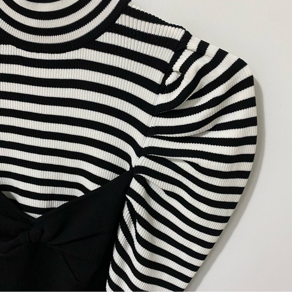 Zara Striped Puff Sleeve Corset Crop Turtleneck Sweater Black/White size Small - Picture 4 of 11